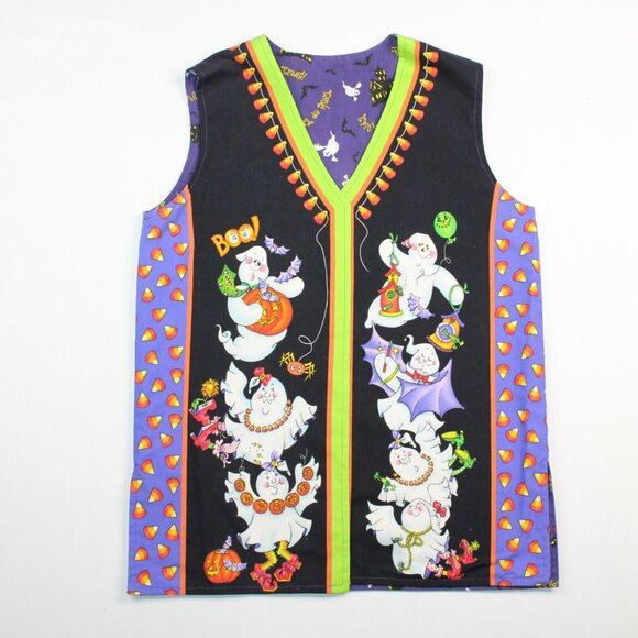 VTG Handmade Halloween Vest Ghosts Candy Corn Pumpkins Reversible Teacher School - Picture 1 of 11